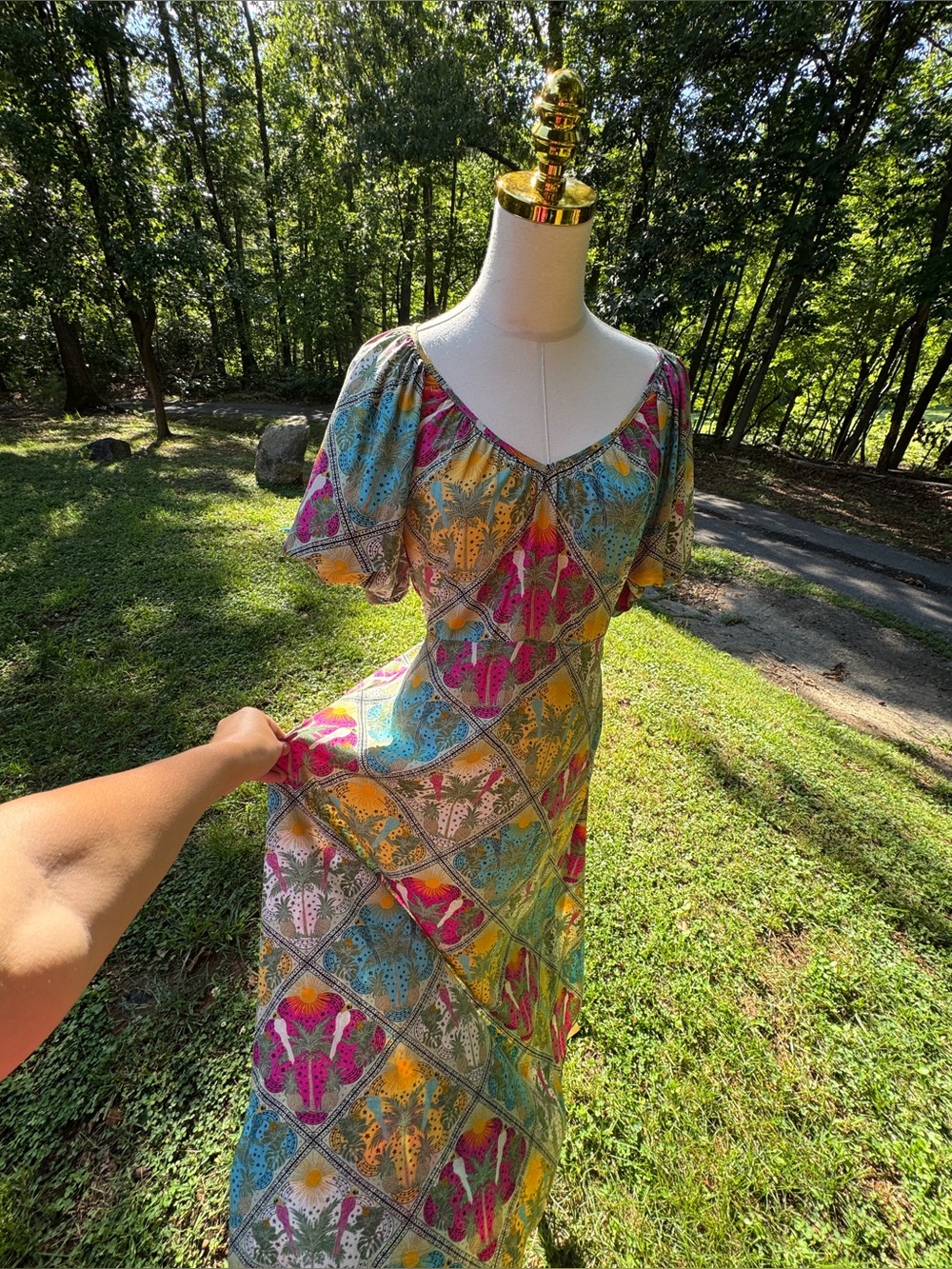 LOFT Floral Puff Sleeve V-Neck Swing Midi Dress Size 4 Vacation Resort Cruise - Picture 4 of 17